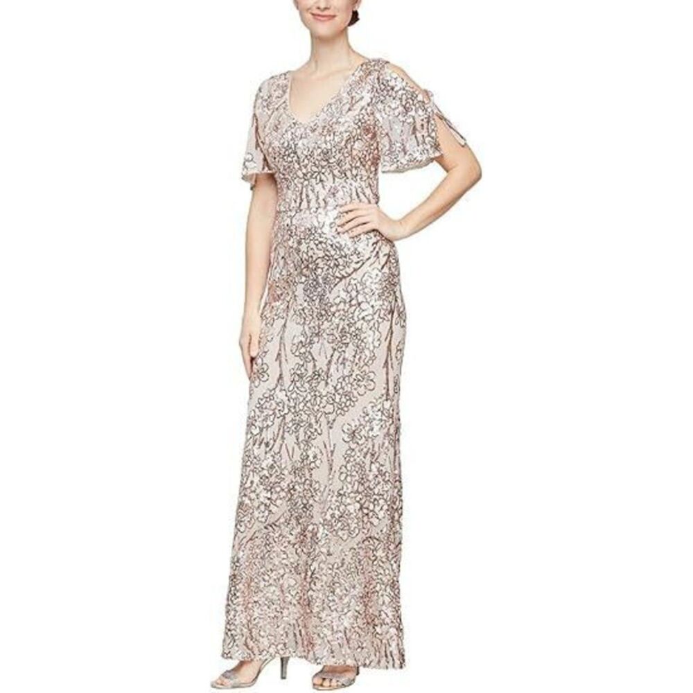Alex Evenings Women's Long‎ Sequin Dress with Flutter Sleeves, Sand, 12